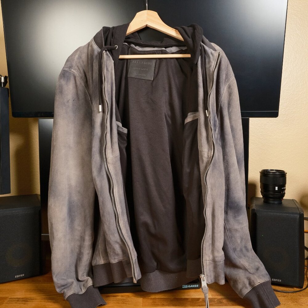 AllSaints Troy Suede Bomber Jacket Grey XL